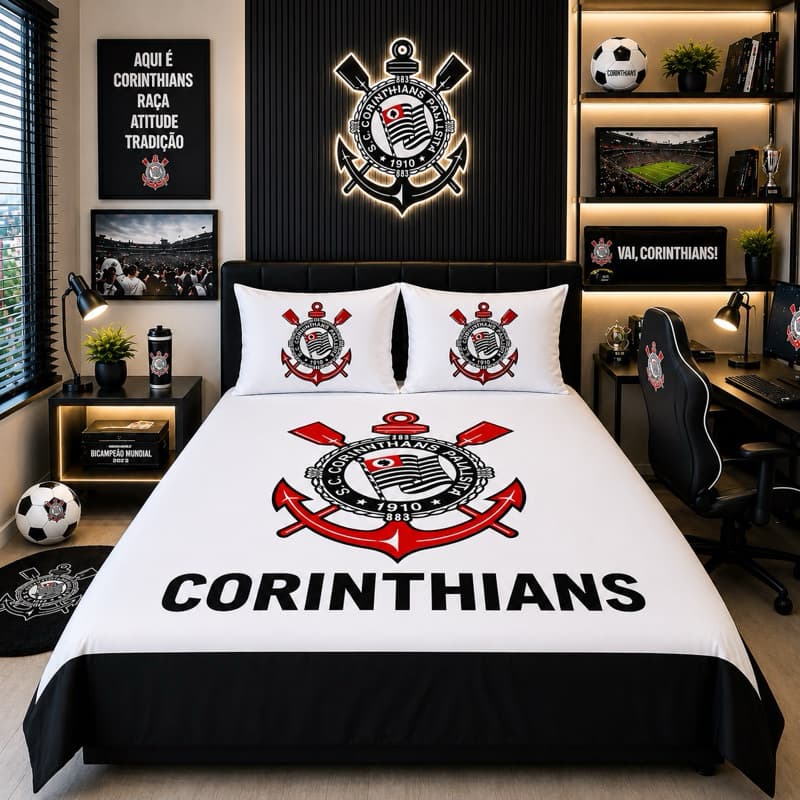 Lençol Casal Corinthians + 2 Fronhas | Jogo de Cama Estampado Time do Corinthians 2,20x2,40 em Microfibra Macia