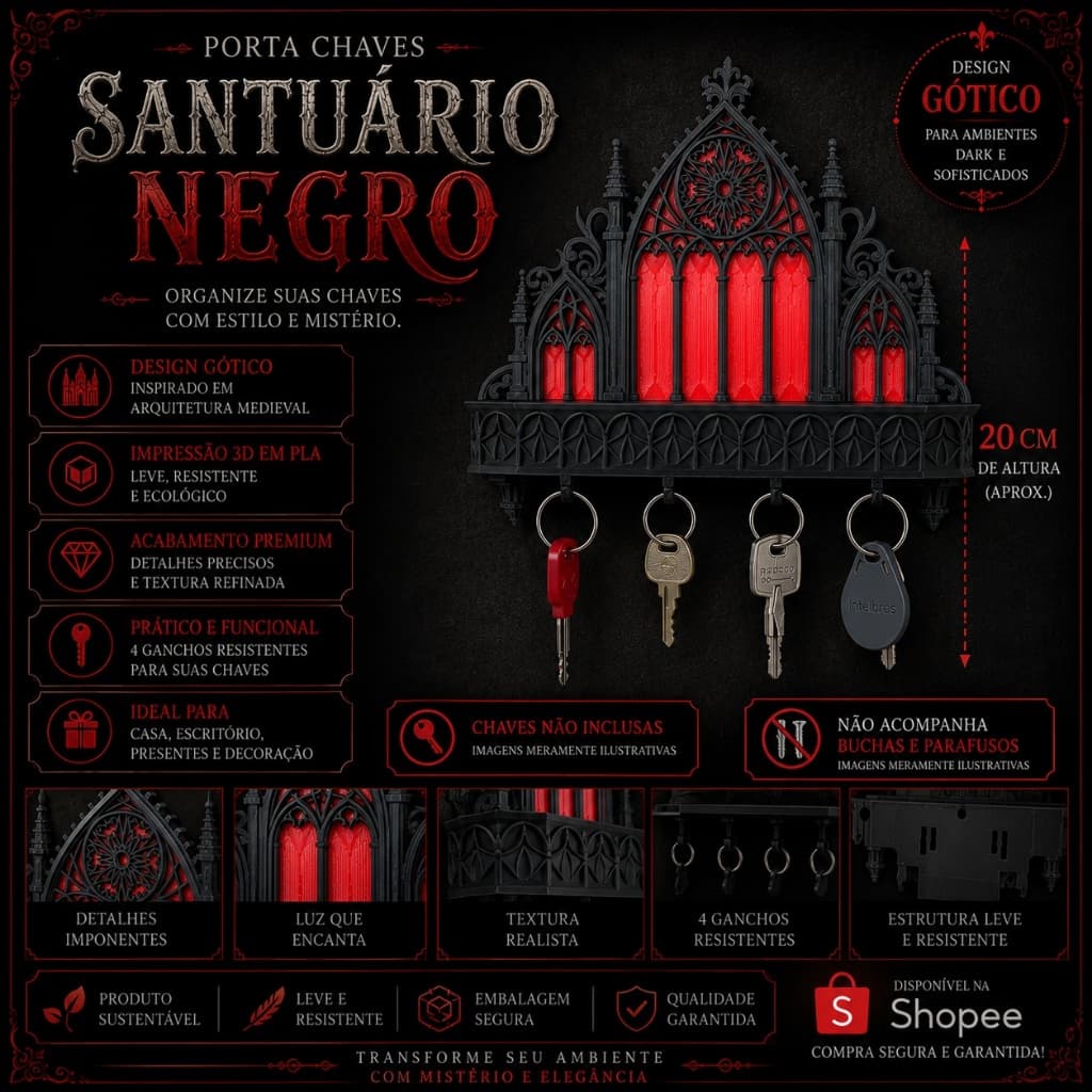 Porta Chaves Gótico Santuário Negro 20cm Organizador de Chaves em PLA Decoração Medieval