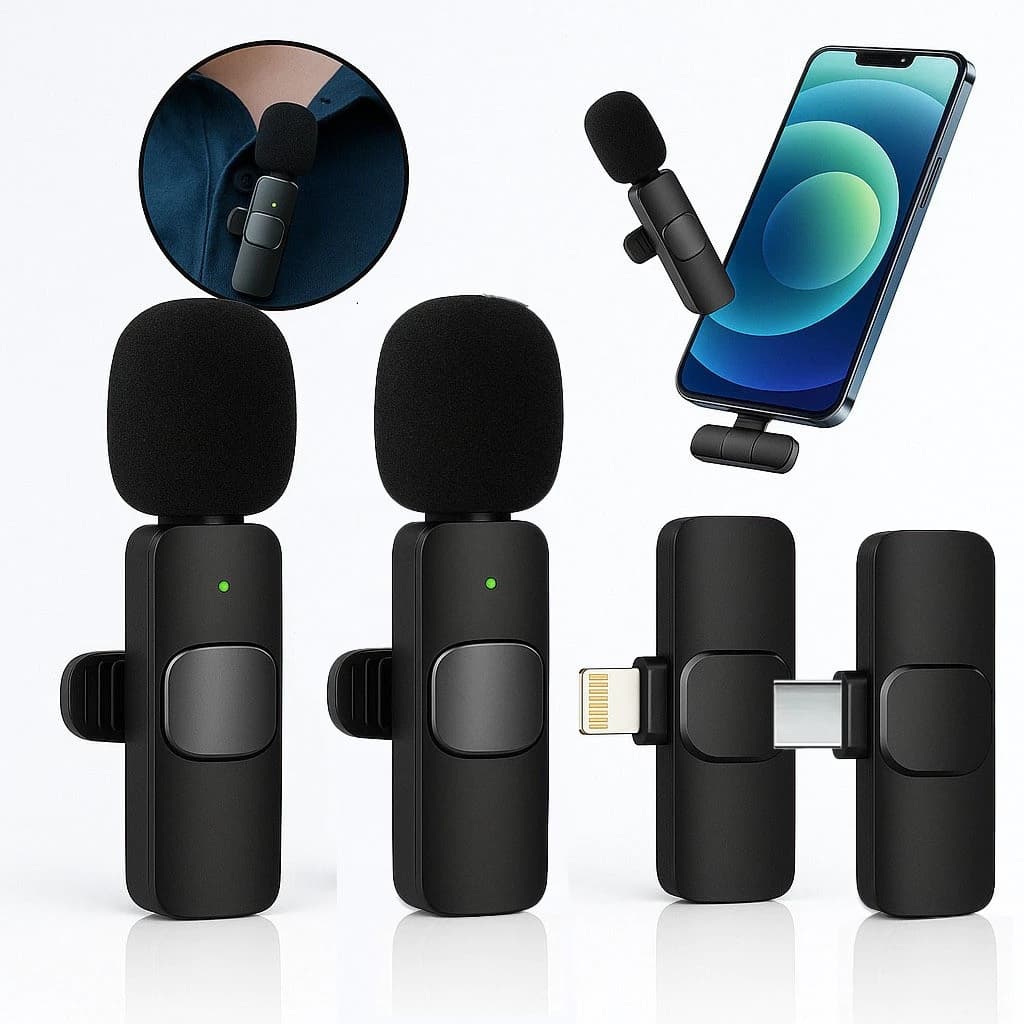 Microfone De Lapela Duplo Compatível iPhone Longo Alcance Entrada Lighting Sem Fio Profissional