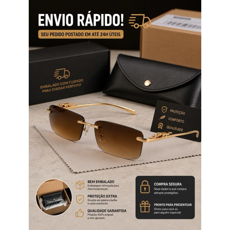 Óculos de Sol Masculino Feminino Sem Aro Retangular Polarizado UV400 Luxo Vintage
