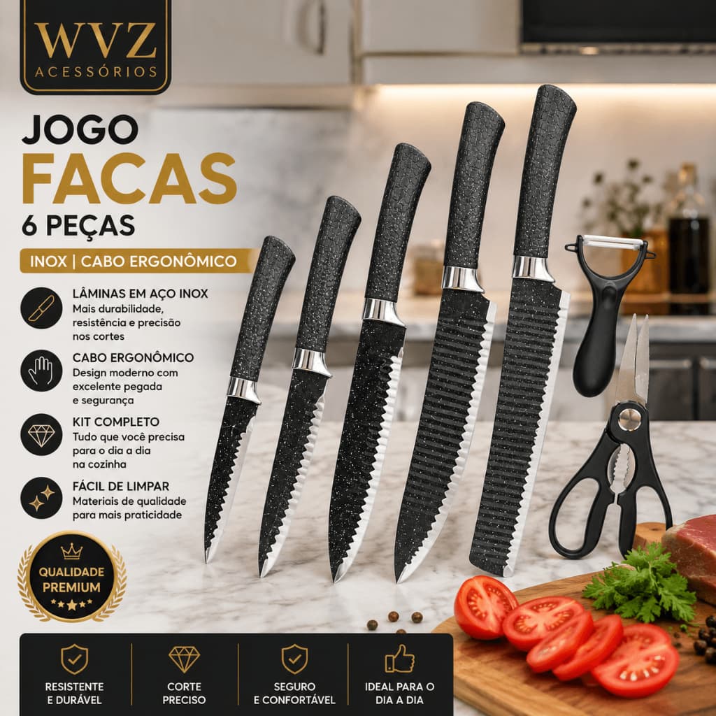Jogo Facas 6 Peças Inox Cabo Ergonômico Chef Cutelo Tesoura Descascador Premium 🔪🔪