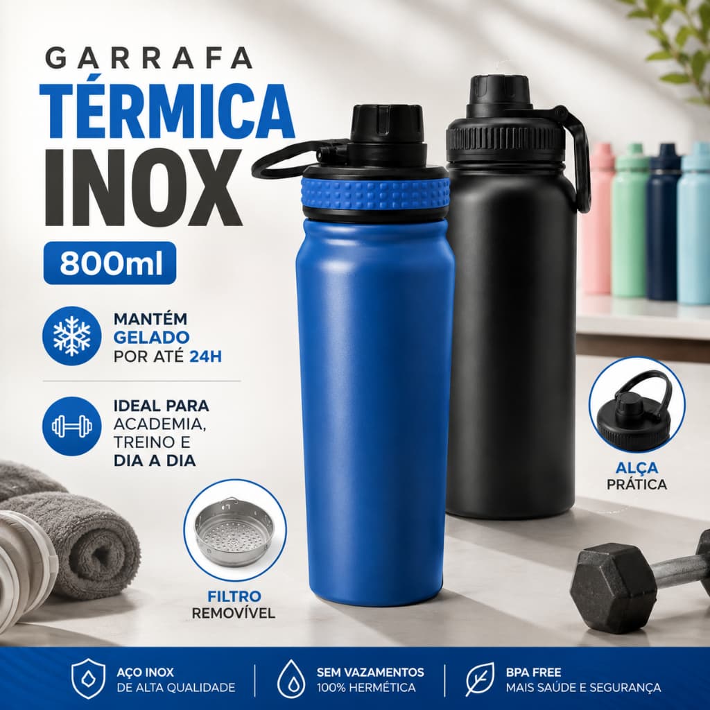 Garrafa Térmica Squeeze Inox 800ml Academia Treino Fitness Mantém Gelado 24h Colorida Esportiva