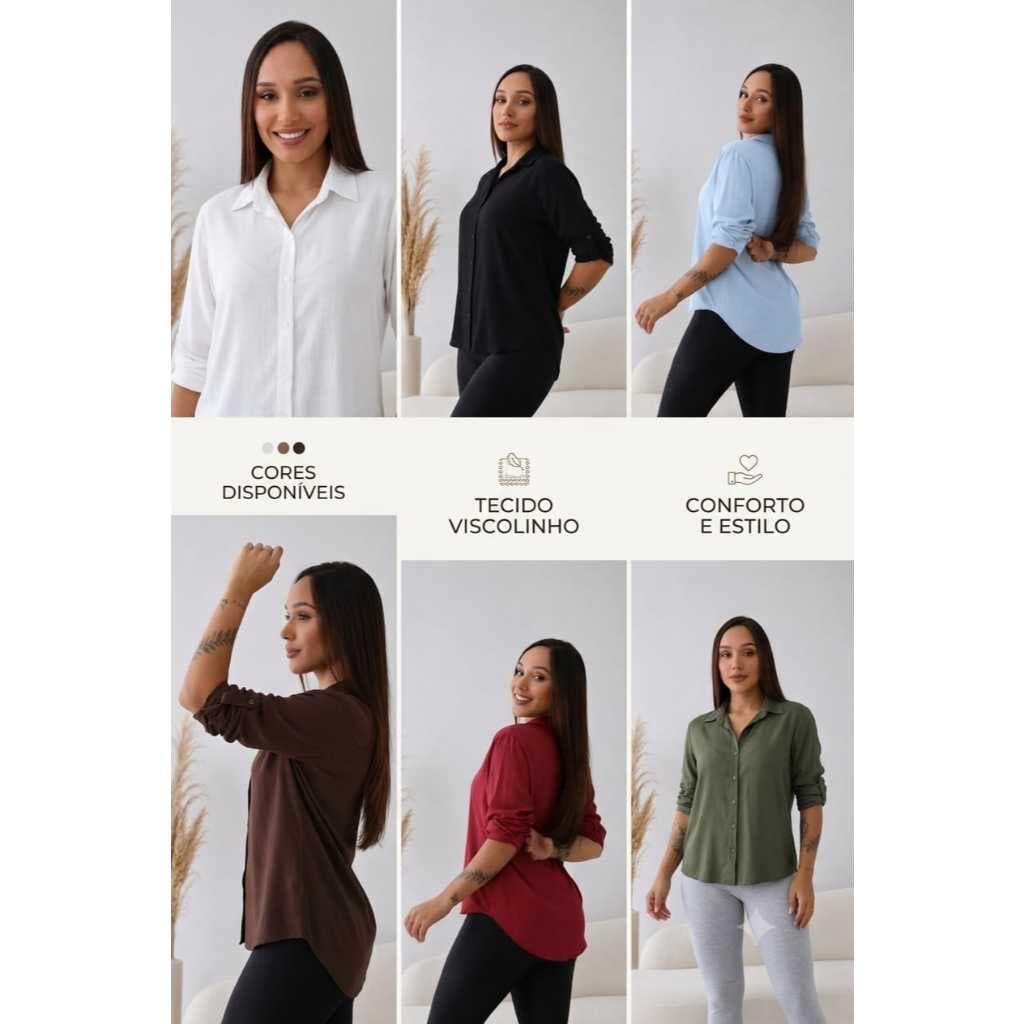 Camisa Feminino Liso Social Manga Longa Viscolinho  Botões  Elegante Lok  Tendência M G GG