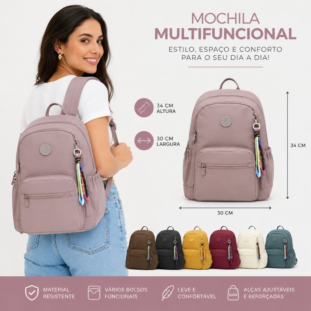 Mochila feminina nylon impermeável média casual