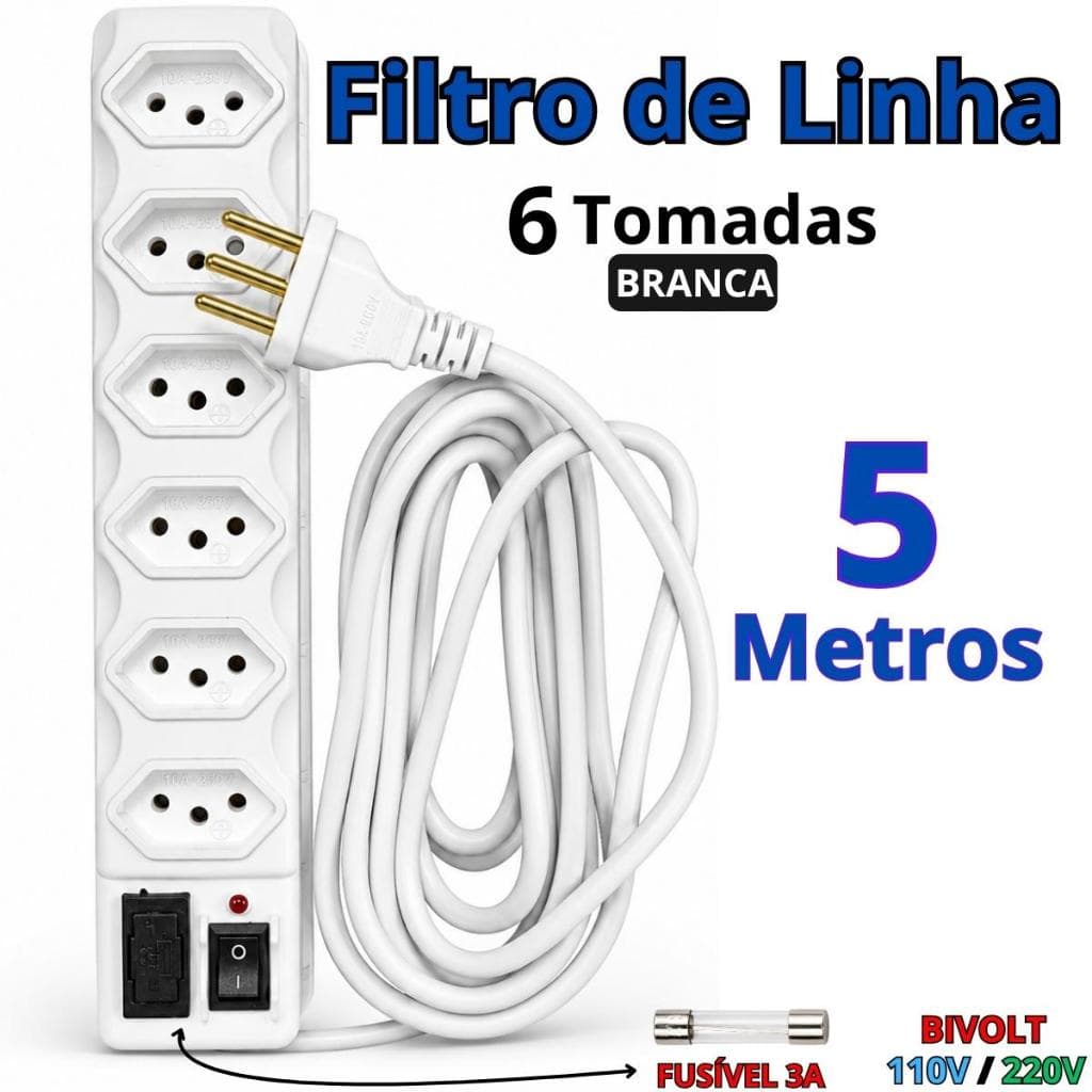 Filtro de Linha 6 Tomadas Régua Elétrica 5 Metros Branca Bivolt Tomadas Compativel C Plug 2 ou 3 Pinos 10A