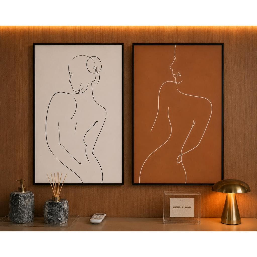 Kit 2 Quadros Decorativos Abstratos Line Art Minimalista Bege e Terracota para Sala