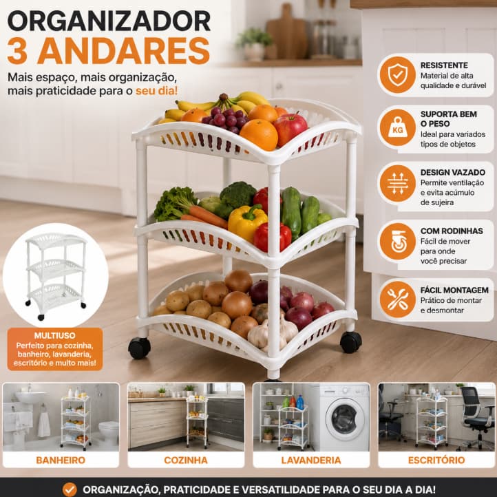 Fruteira Organizadora 3 Andares Telada Reforçada Branca- Arqplast