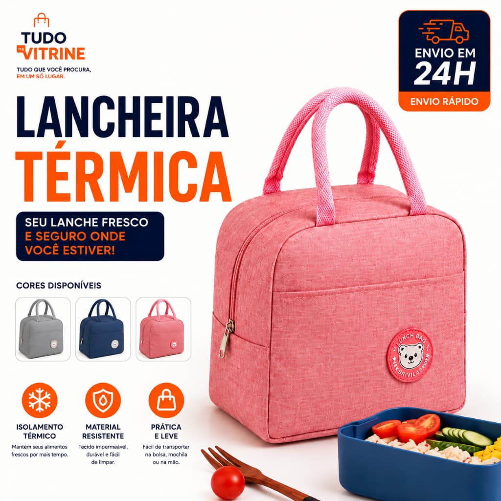 Lancheira Térmica Bolsa Marmita Impermeável com Zíper Alça Reforçada Conserva Alimentos Cores Sortidas