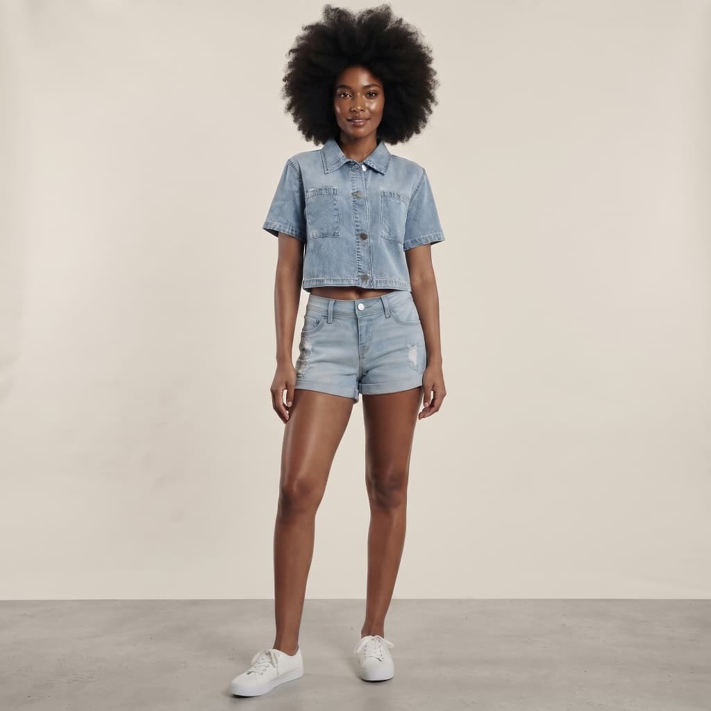 Short Jeans Feminino Claro Curto Destroyed Desfiado Barra Dobrada Cintura Média 4 Bolsos