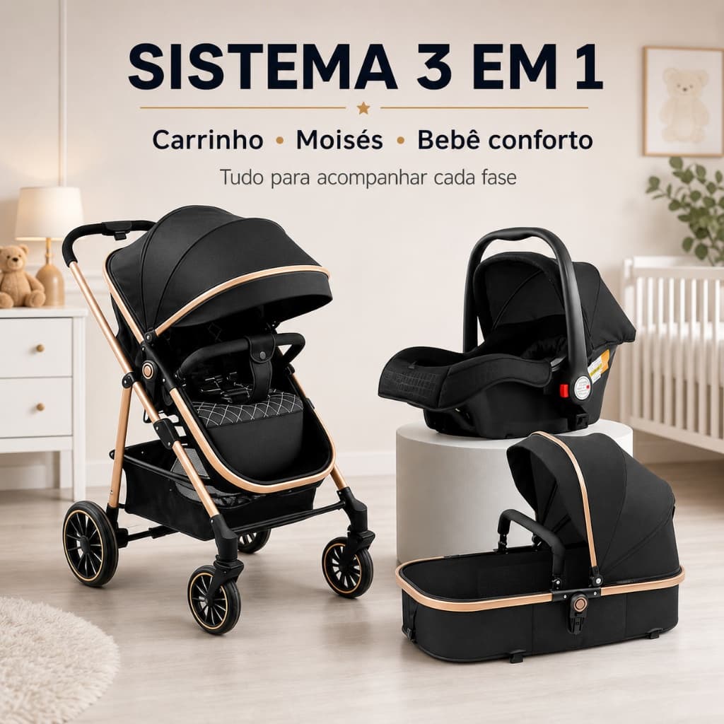 Carrinho de Bebê Luxuoso 3 em 1 com Moisés e Bebê Conforto – Seguro, Confortável e o Preferido das Mamães！