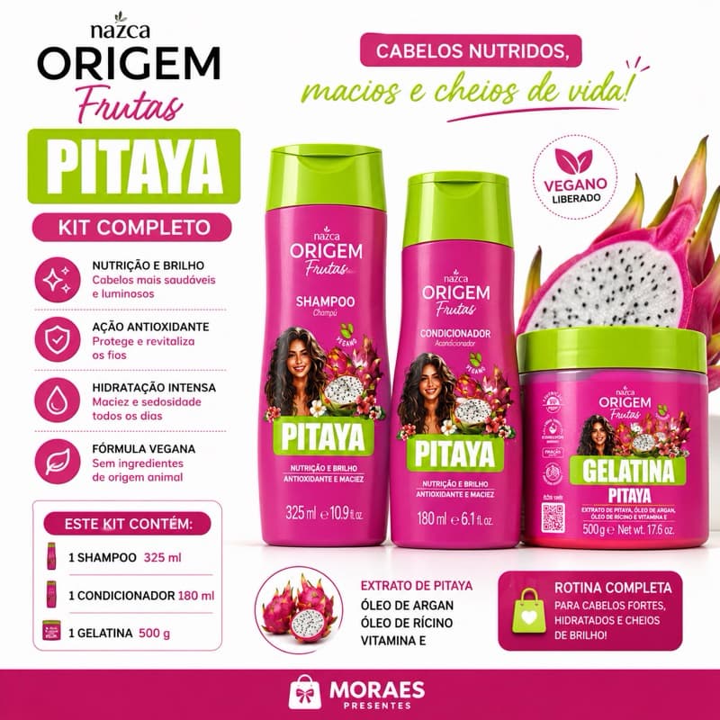 Kit Nazca Pitaya com Shampoo 325ml, Condicionador 180ml e Gelatina 500g. Nutrição, brilho e definição.