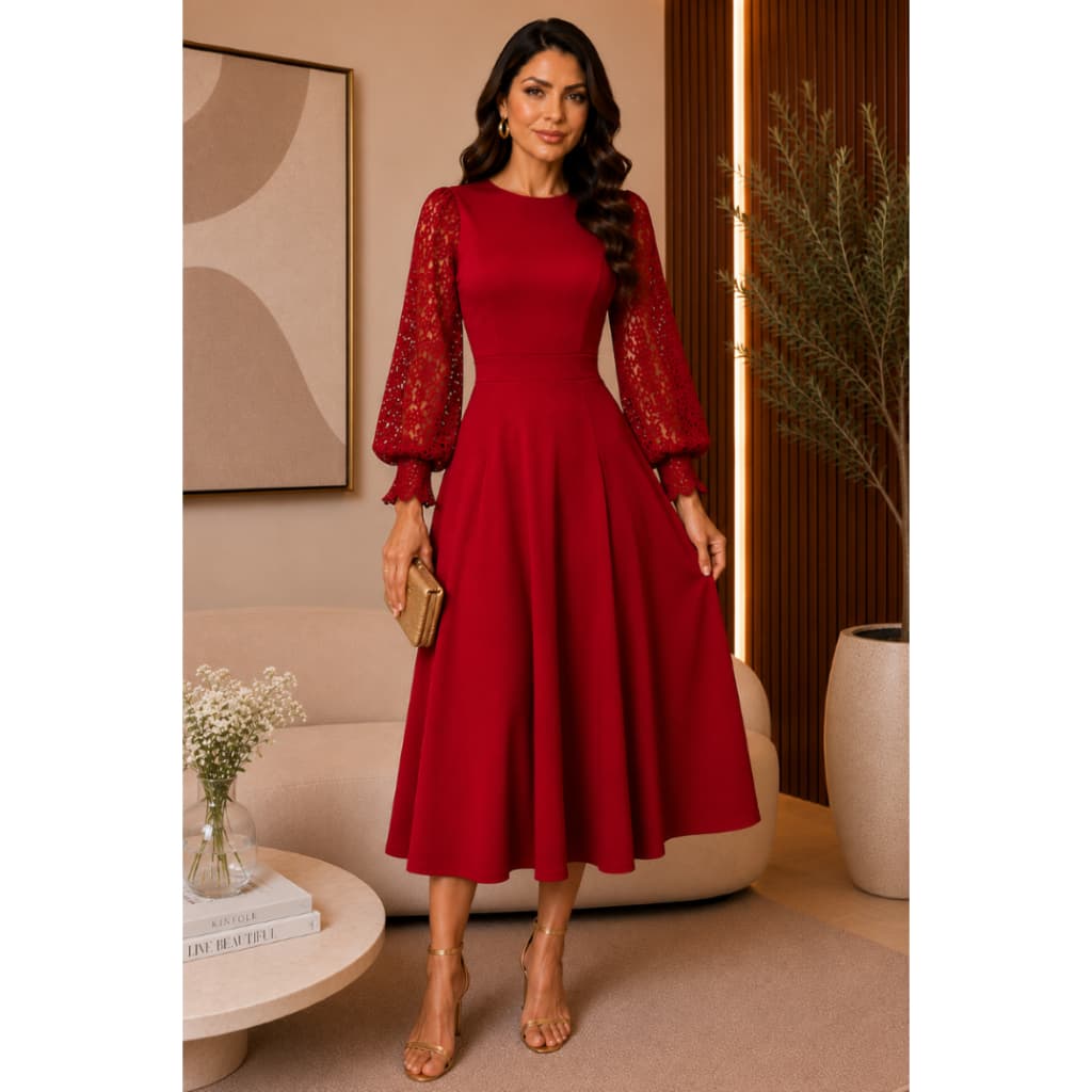VESTIDO FEMININO MIDI EVAZE CREPE MANGA RENDA MODA EVANGELICA CASUAL CONGRESSO ELEGANTE LUXO MODESTO