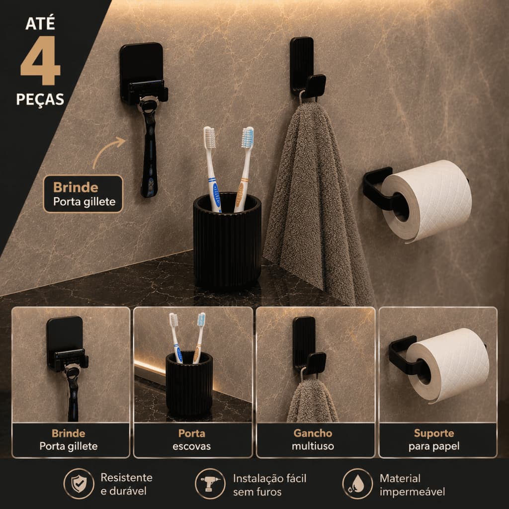 it Banheiro Completo Até 4 Peças Porta Papel Porta Escova Gancho Adesivo Sem Furar 3M + Brinde Porta lamina de barbear