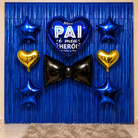 Decoração Dia dos Pais Kit Completo Painel Azul com Balões Gravata e Cortina Metalizada
