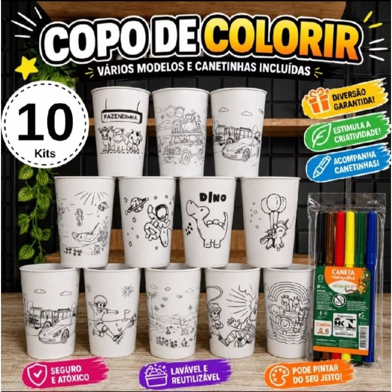 Copo de Colorir + Canetinha 10 Kits Várias Estampas Copo Lembrancinha Aniversário Festas Crianças.