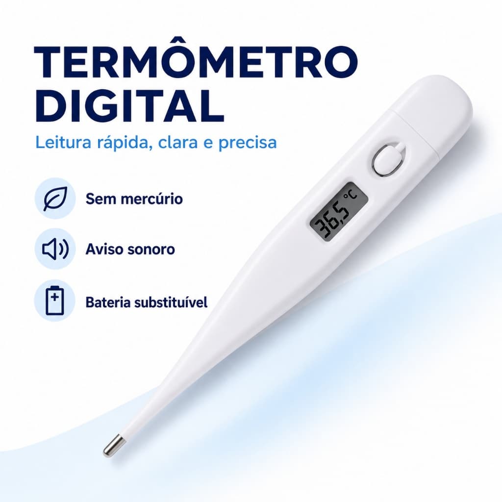 Termômetro Digital Clínico Corporal Sem Mercúrio com Visor LCD, Aviso Sonoro e Bateria Substituível para Adultos e Bebês