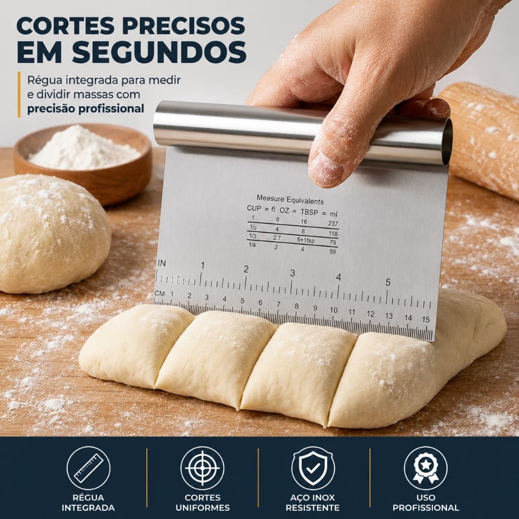 Espátula de Corte Inox para Massa com Régua 15x11cm Raspador Profissional Confeitaria Padaria Pizza