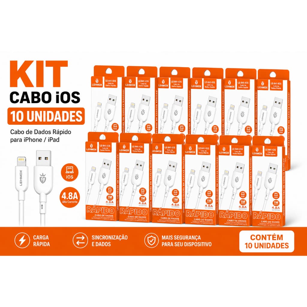 Kit 10 Cabos Iphone ios Lehmox 1 Metro Carga Rápida USB-C Cabo de Dados