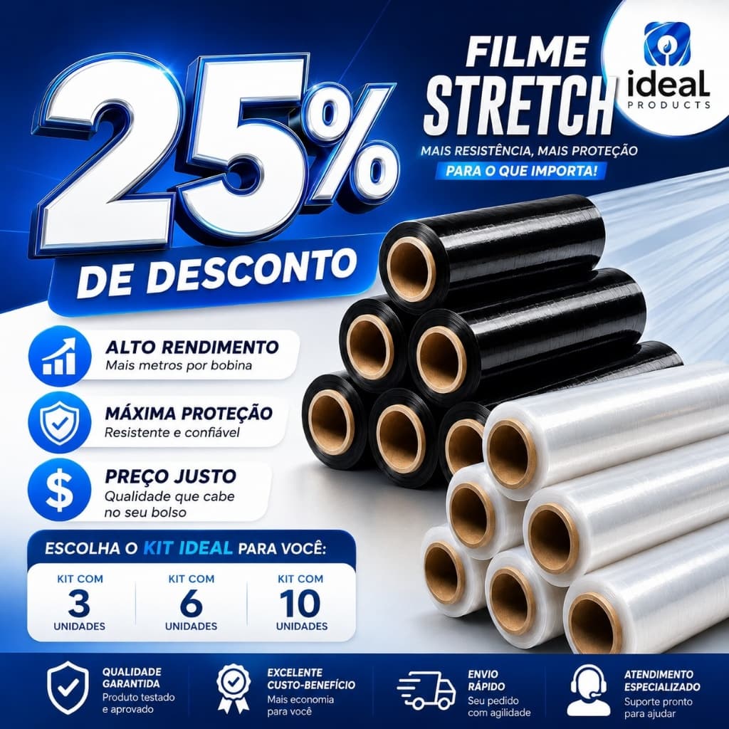Kit Bobina Filme Stretch Transparente Preto 50cm 400 metros 25 micras Paletização Embalagem Atacado