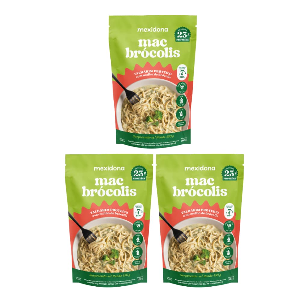 Mexidona Kit 3 Mac Brócolis Proteico Fit Natural 100gr. Sem  Glúten Vegano Rico em Fibras S/ Lactose