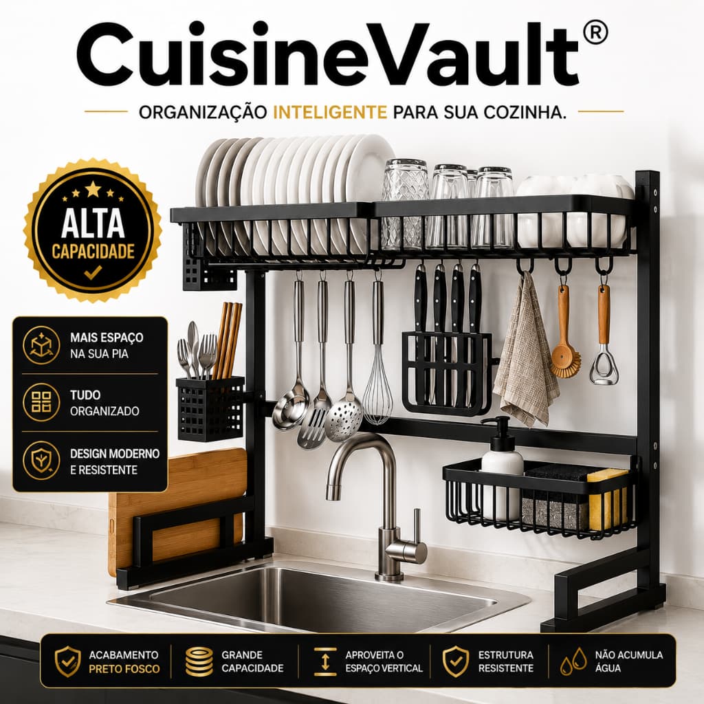 Escorredor de Louças Suspenso CuisineVault® Grande Organizador de Pia Preto Fosco Porta Talheres e Copos Alta Capacidade