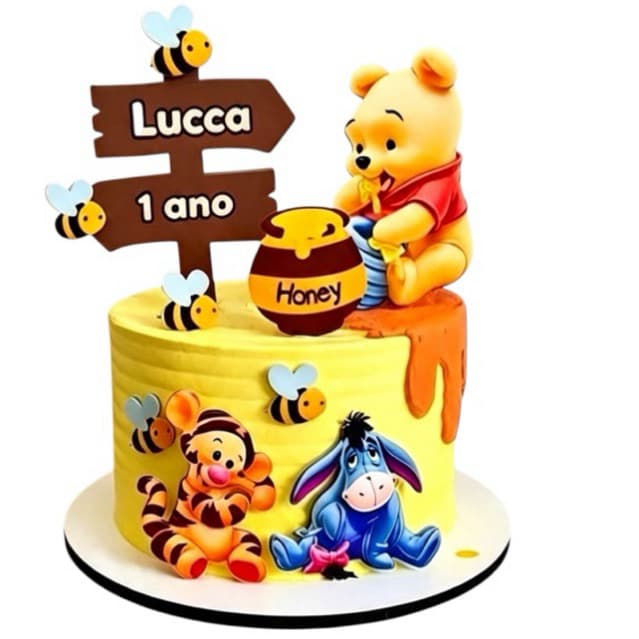 Topo de Bolo Ursinho Pooh | Personalizado Nome Idade | Tema Urso Pooh e Amigos | Mesversário | Aniversário