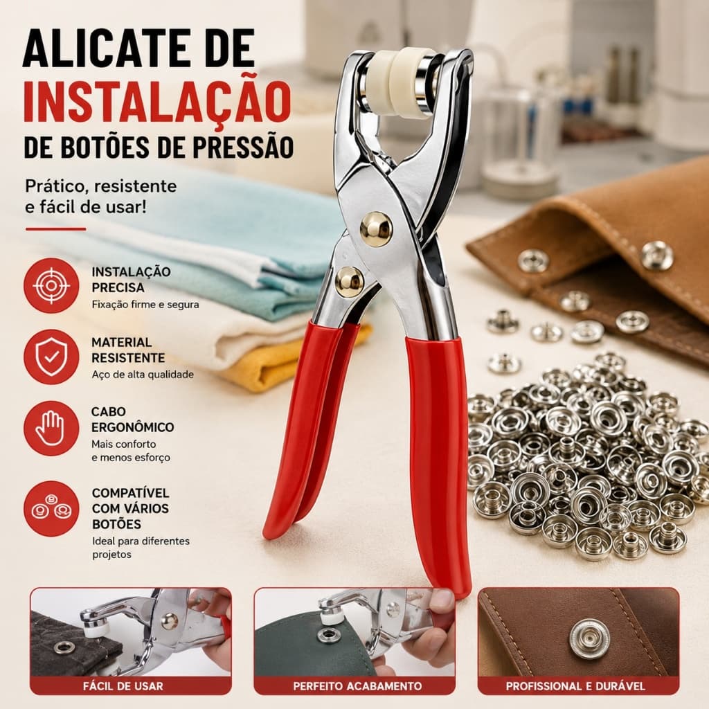 Alicate Aplicador Para Botao De Metal De Pressao Roupa Bebe com 100 botões de roupas VisionTech_