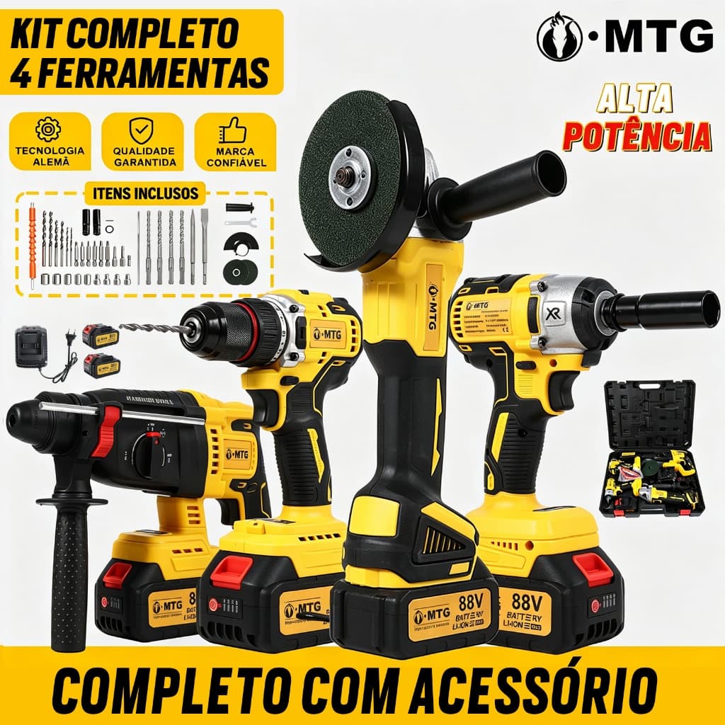 Conjunto 4 Ferramentas Recarregável MTG 88V Parafusadeira Chave Impacto Esmerilhadeira Martelete com Kit Comple