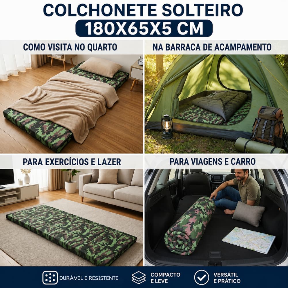 COLCHONETE SACO DE DORMIR SOLTEIRO PARA ACAMPAMENTO TNT CAMUFLADO 180X65X5 CM