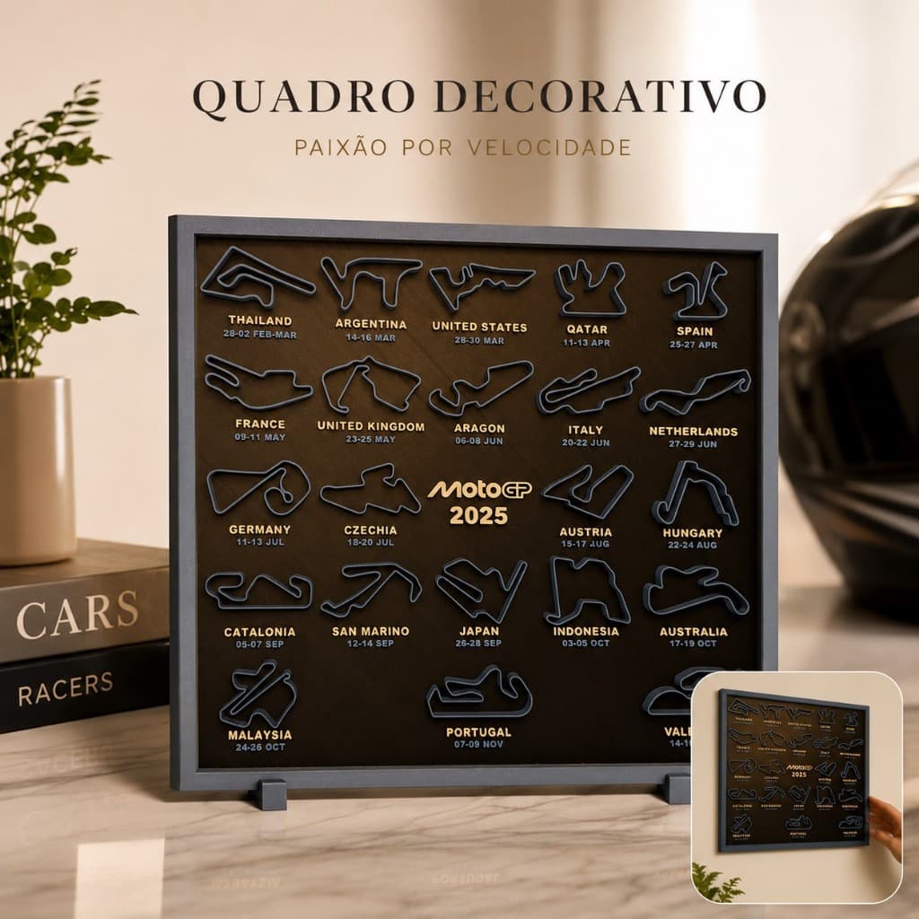 Quadro MotoGP 2025 Decorativo | Calendário de Corridas e Pistas do Mundial de Motovelocidade -Relevo