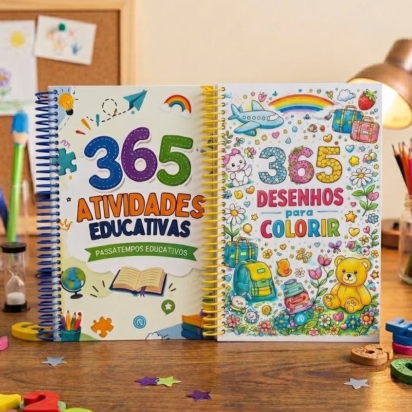 Kit 2 Livros 365 Colorir Desenhos Branco + 365 Atividades Educativas Espiral Passatempos Educativos