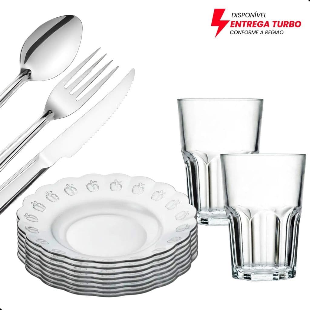 Jogo de Jantar 30 Peças | 6 Pratos Fundos 20cm   6 Copos 350ml e  18 Talheres Inox | Kit Completo