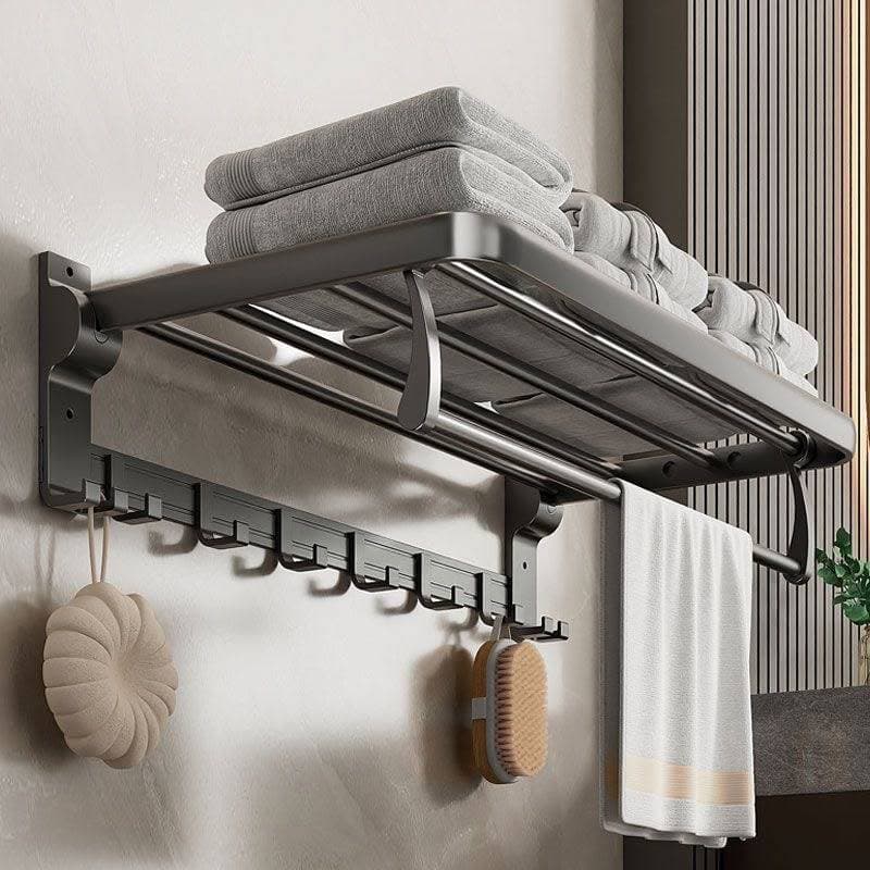 Toalheiro Dobrável Porta Toalhas Banheiro 60cm Inox Cinza Prateleira 5 Ganchos Cola ou Parafuso