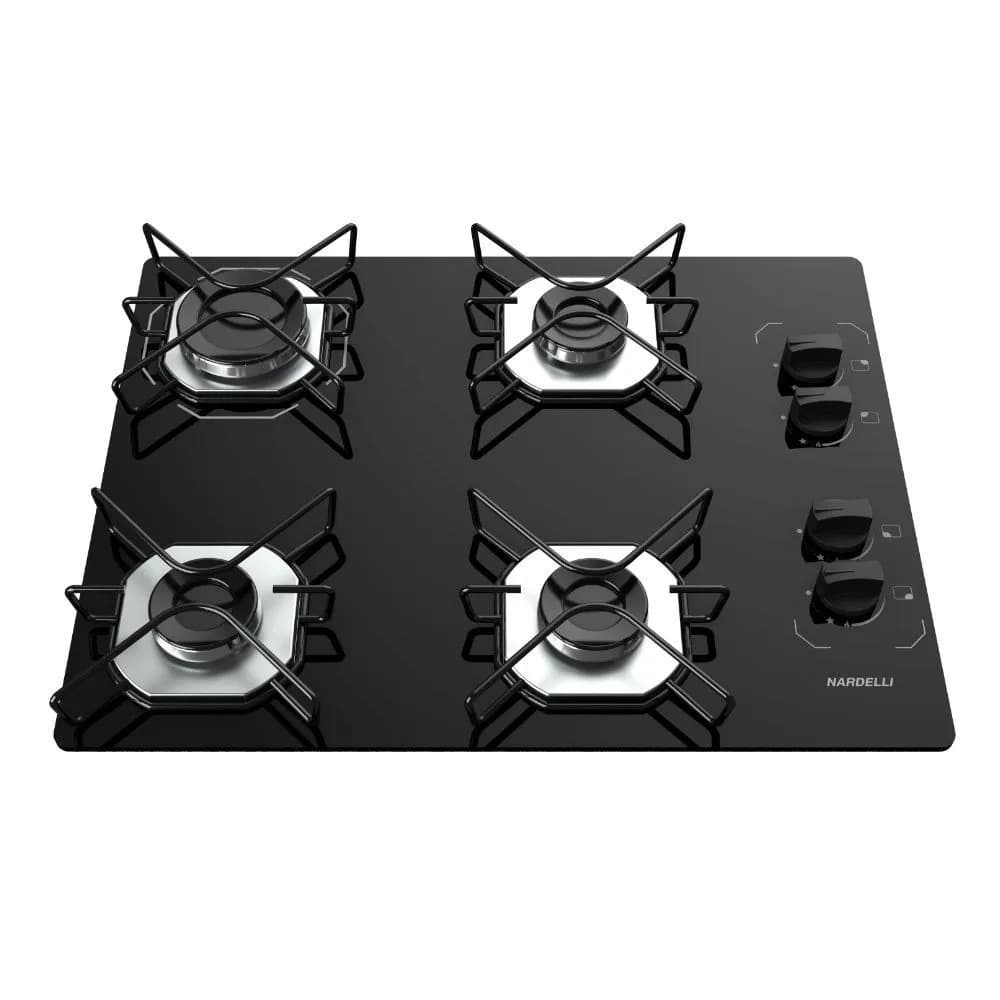 Cooktop Fogatti à Gás Ori 4 Bocas Vidro Preto Flange Inox Bivolt - Acendimento automático
