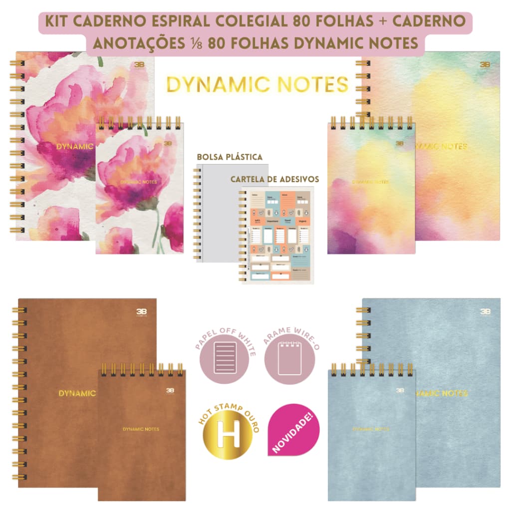 Kit Caderno Espiral Colegial 80 Folhas + Caderno Anotações 1/8 80 Folhas Dynamic Notes 3B Cadernos