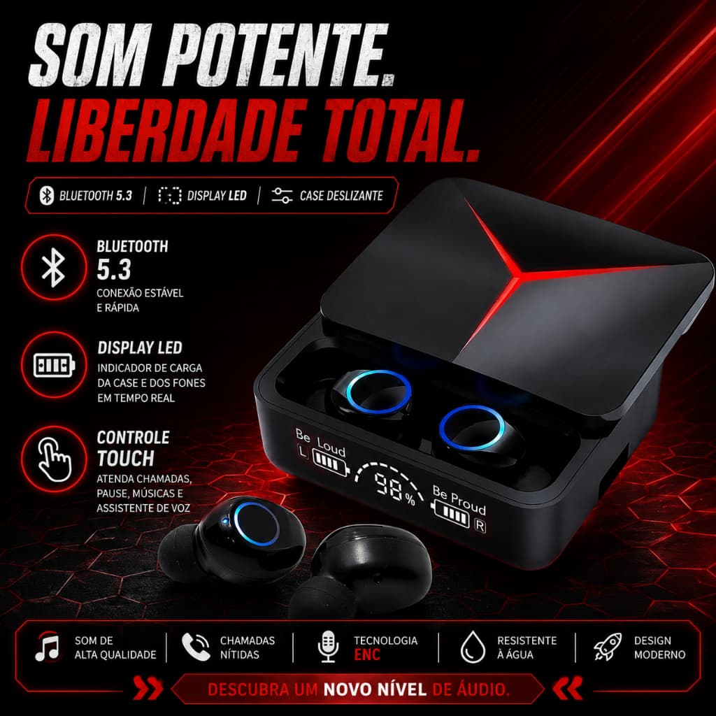 Fone de Ouvido Auricular Bluetooth Wireless LED Case Deslizante Altomex M90 PRO