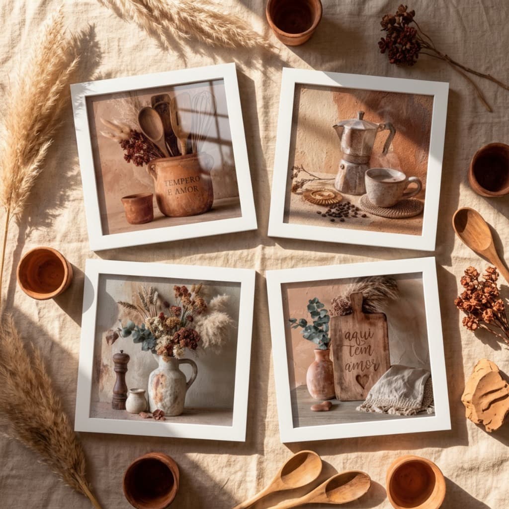 Kit 4 Quadros Decorativos Placas Cozinha Boho com Frase 18x18cm Enfeite Parede Decoração Gourmet vidro