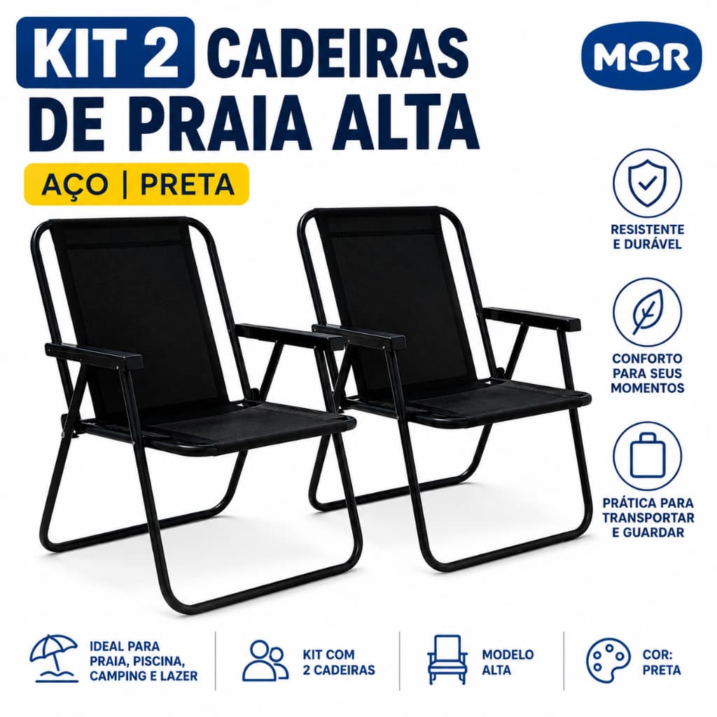 Kit 2 Cadeiras Praia Alta Camping Dobrável Preta 2059 Mor