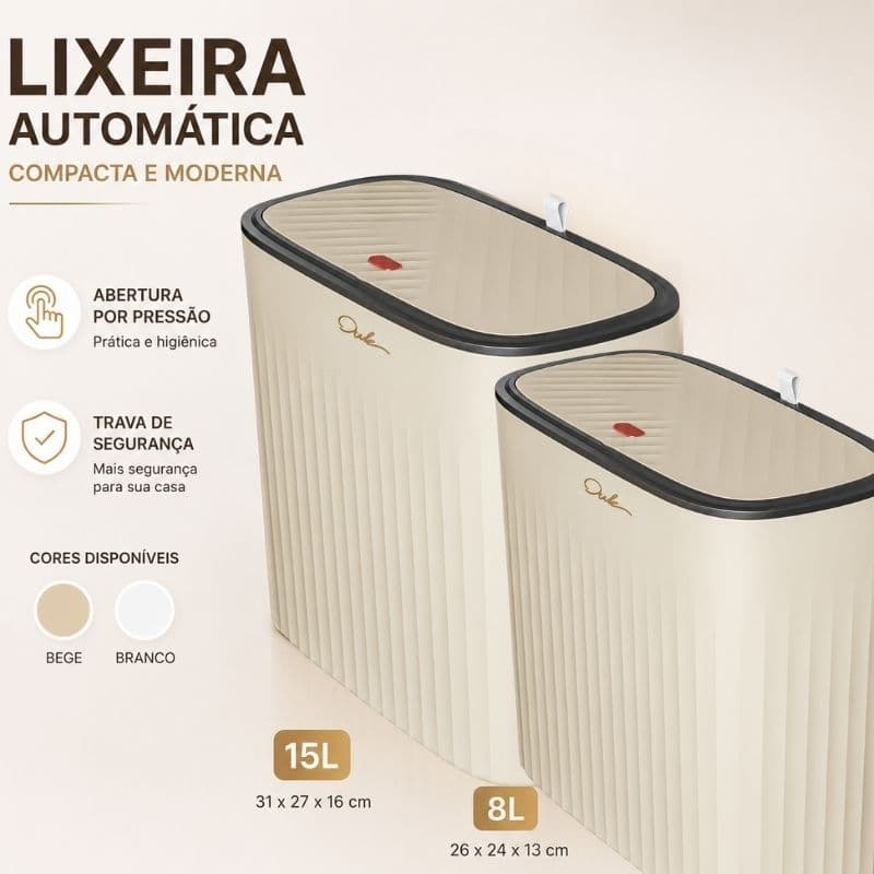 Lixeira Click 15L e 8L Tampa por Toque Antiodor para Cozinha Banheiro Quarto Branca e Bege Compacta