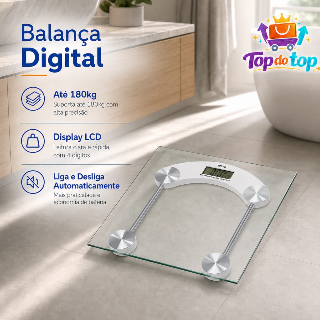 Balança Digital Eletrônica Vidro 180 KG display preciso, para casa, banheiro e academia Fitness