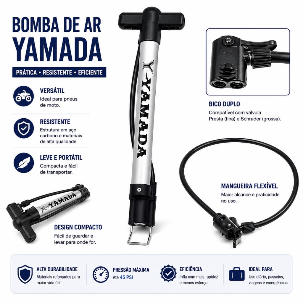 Bomba De Ar Manual Yamada Bike Portátil 45 PSI Válvula Schrader 30cm original pneu moto bike bola
