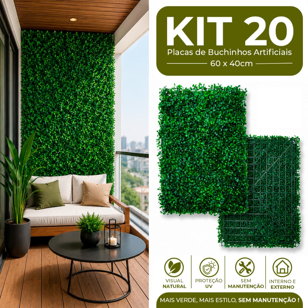 Kit 20 Unidades Placas 40x60 Buchinhos Grama Artificial Jardim Vertical Verde Muro inglês