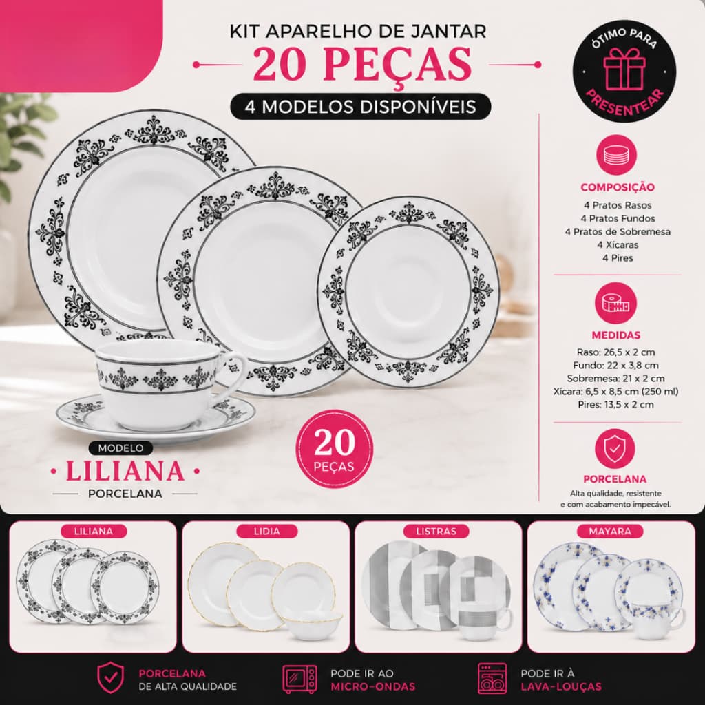 Aparelho de Jantar em Porcelana 4 Modelos 20 ou 16 Peças Com Xícara e Pires ou Bowl