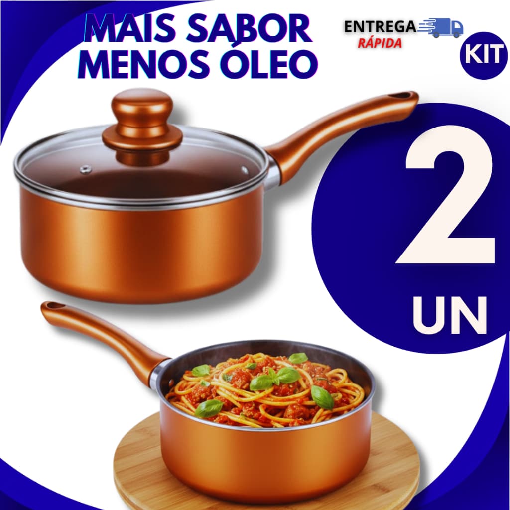Kit 2 Panelas Cerâmica 16cm  Estilo Cobre Antiaderente Tampas de Vidro Temperado Não Gruda Multiuso Panelas