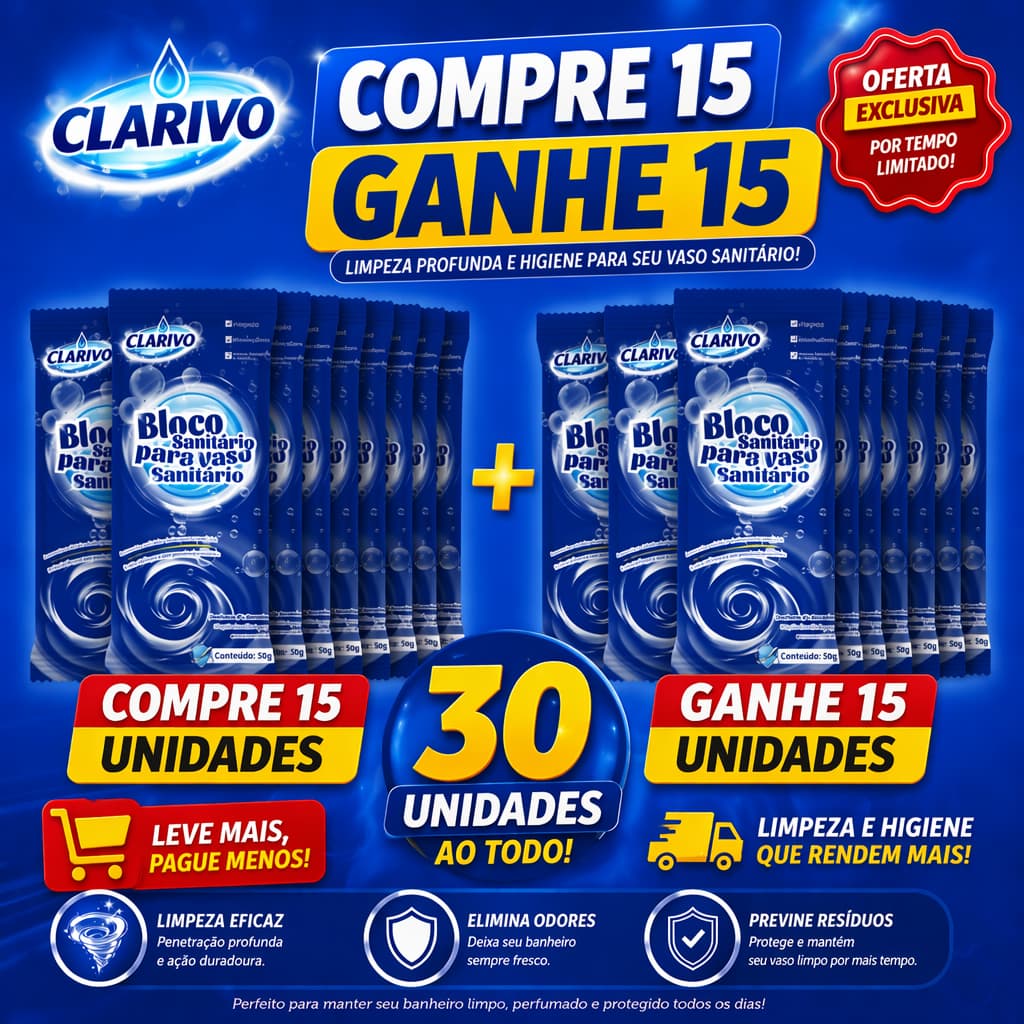 CLARIVO Bloco Sanitário Compre 15 Ganhe 15, Limpeza Profunda e Elimina Maus Odores