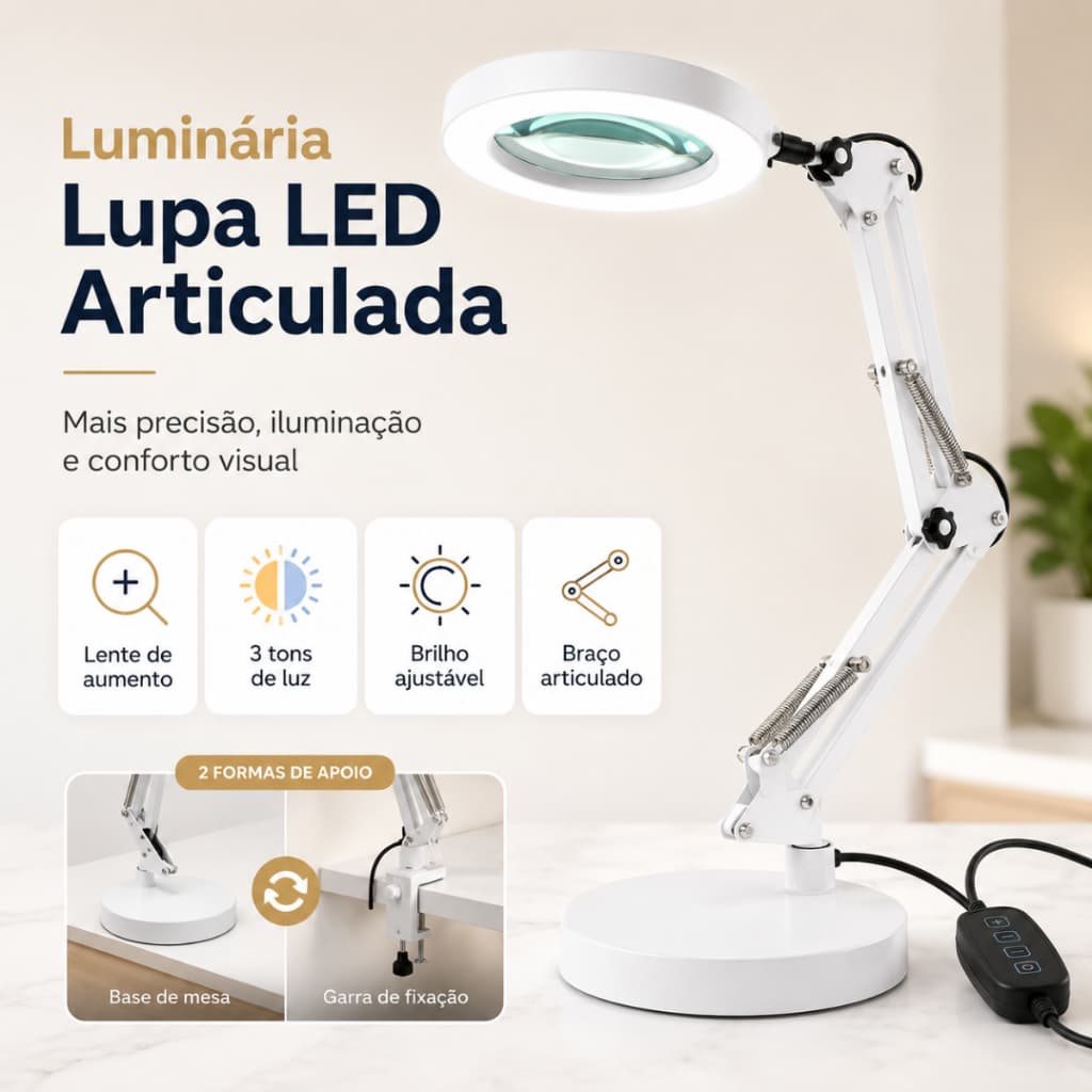 Luminária Lupa LED 8x Articulada com Base e Garra para Mesa Bancada Estética Cílios Manicure
