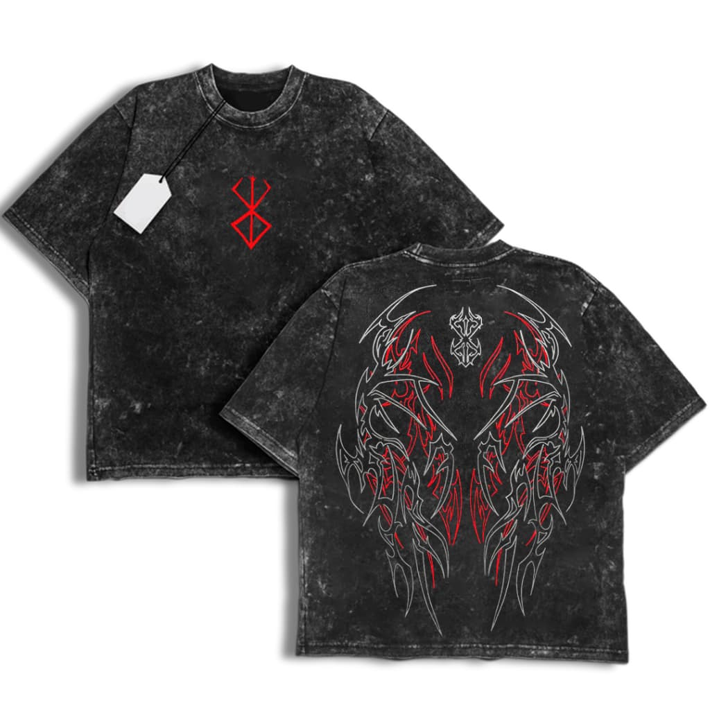 Camiseta Estonada Lavada Vintage Berserk Black Swordsman Guts Sacrifice Anime Retro Unissex