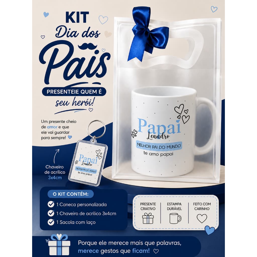 Kit Dia dos Pais Caneca Personalizada 325ml + Sacola Presente com Laço Presente Criativo para Pai