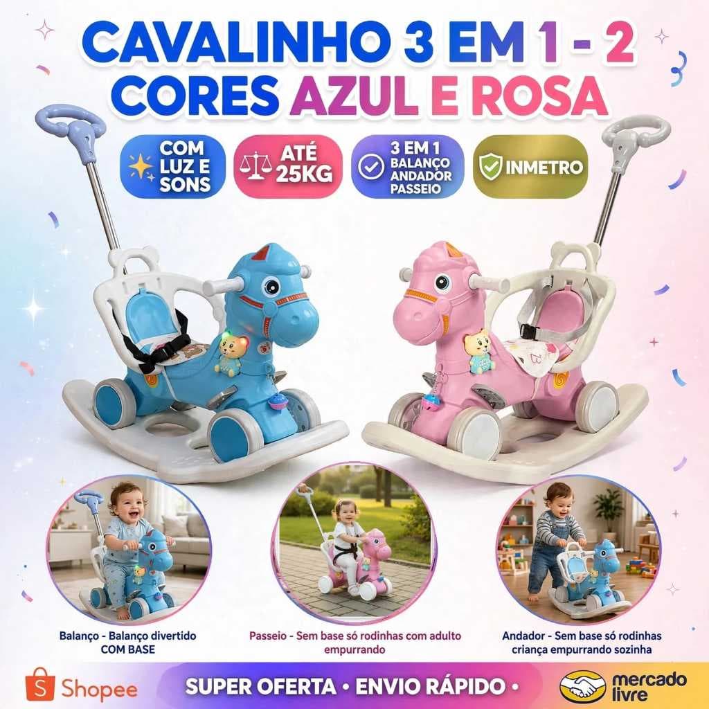 Cavalinho Infantil 3 em 1 Balanço Carrinho Empurrador Andador Luzes Sons Brinquedo Educativo Bebê Menino Menina