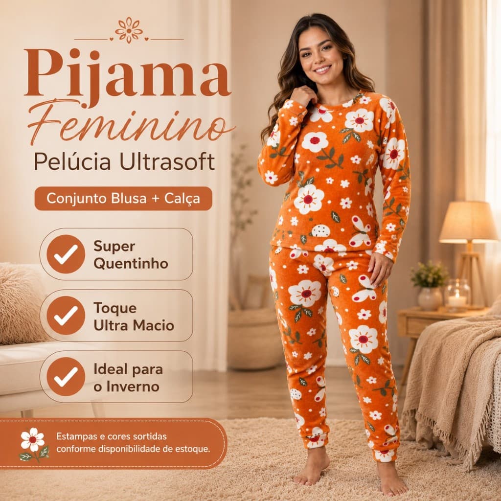 Pijama Feminino Fleece Soft Pelúcia Ultrasoft – Blusa Manga Longa e Calça